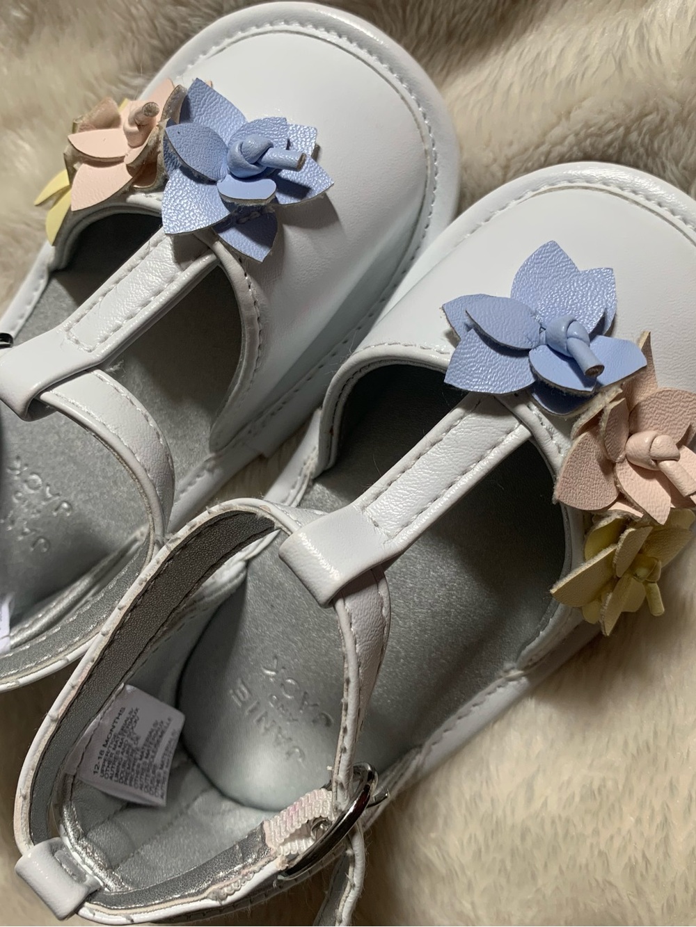 Janie and Jack White Floral T-Strap Dress Shoes with Pastel Accents